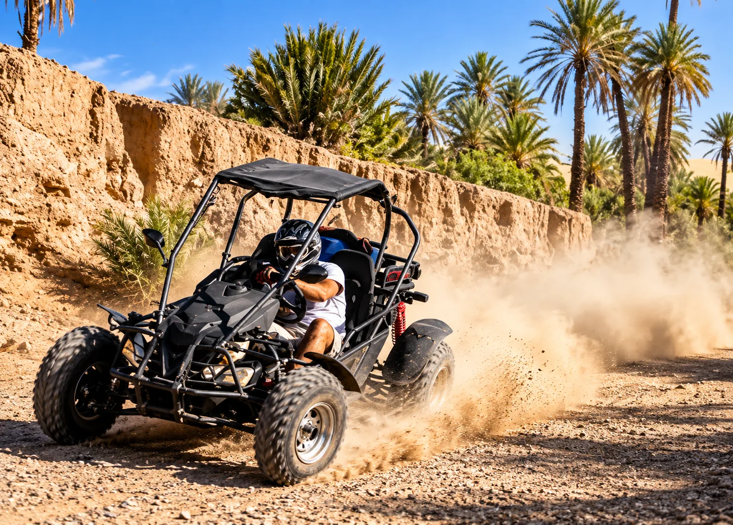Buggy a telaio aperto che alza polvere accanto a un muro di terra e palme, giro in buggy nella Palmeraie di Marrakech