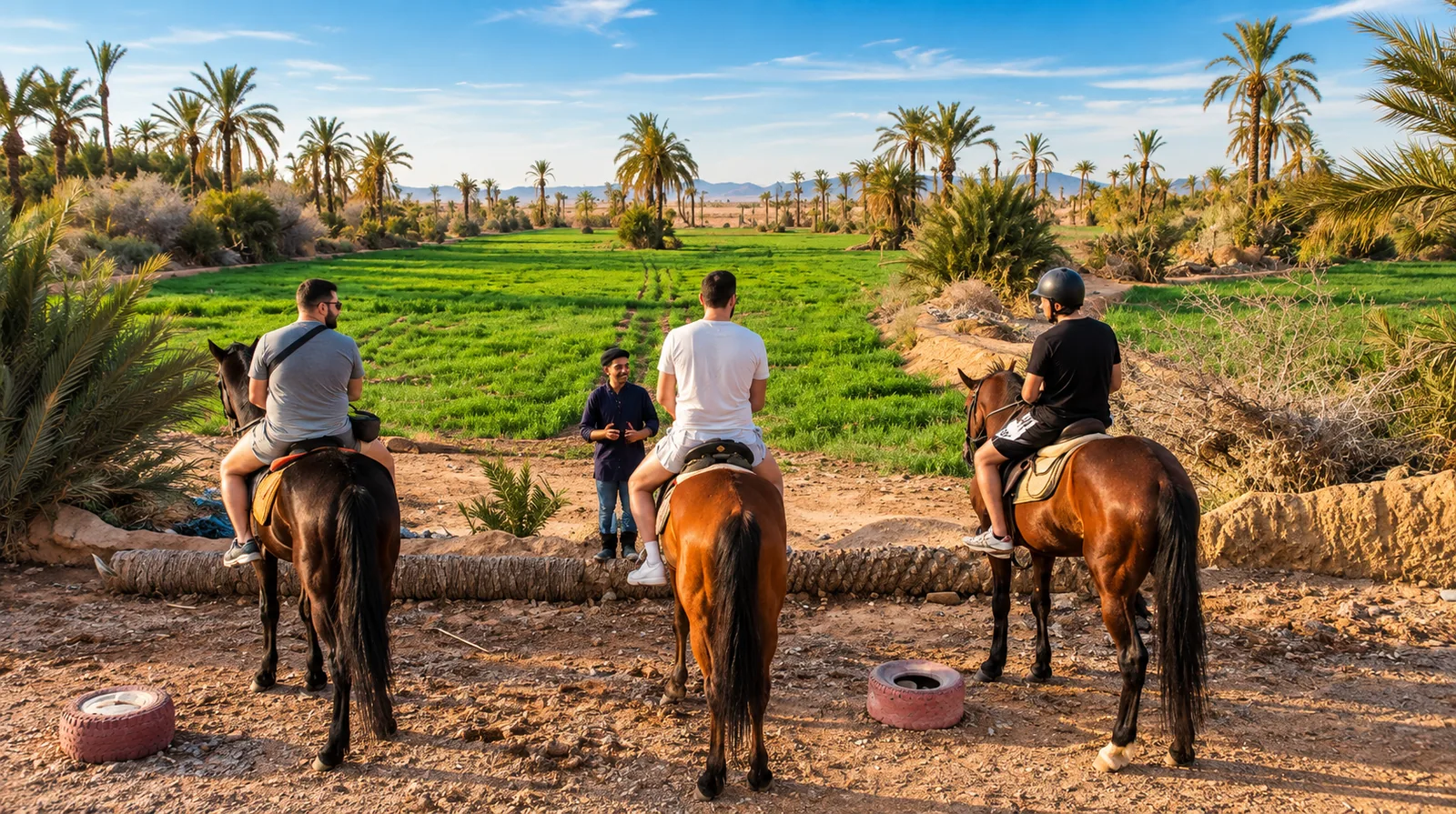 Persone a cavallo viste da dietro di fronte a campi verdi e palme, passeggiata a cavallo nella Palmeraie di Marrakech