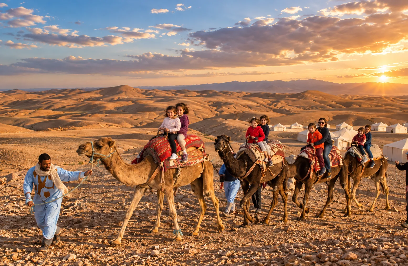 Guide in blue leading a camel caravan at sunset, camel ride in the Agafay desert with tents on the horizon