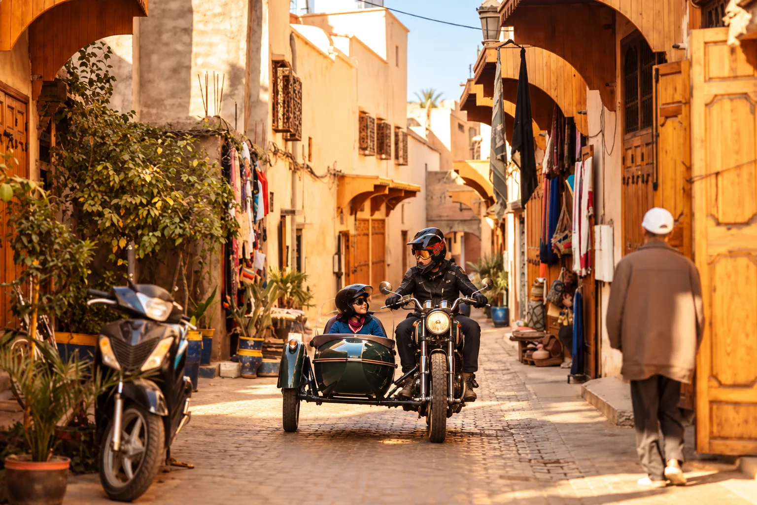 Green side-car rolling down a medina street lined with shops and wooden doors, side-car tour in Marrakech