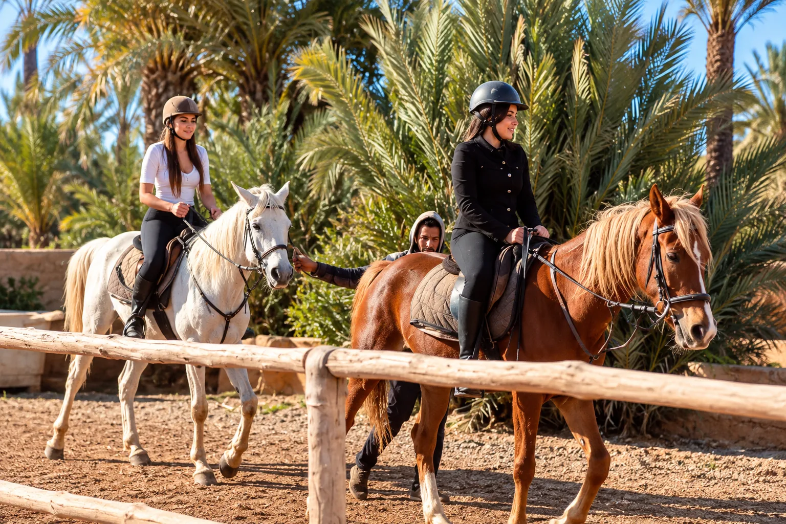 Due persone con il casco su un cavallo bianco e uno sauro vicino a uno steccato, passeggiata a cavallo nella Palmeraie