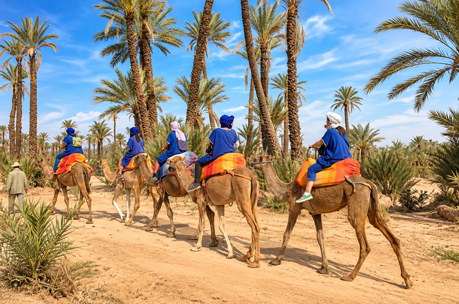 Reiter in blauen Gewändern auf einer Kamelreihe zwischen Palmen, Kamelritt in der Palmeraie von Marrakech