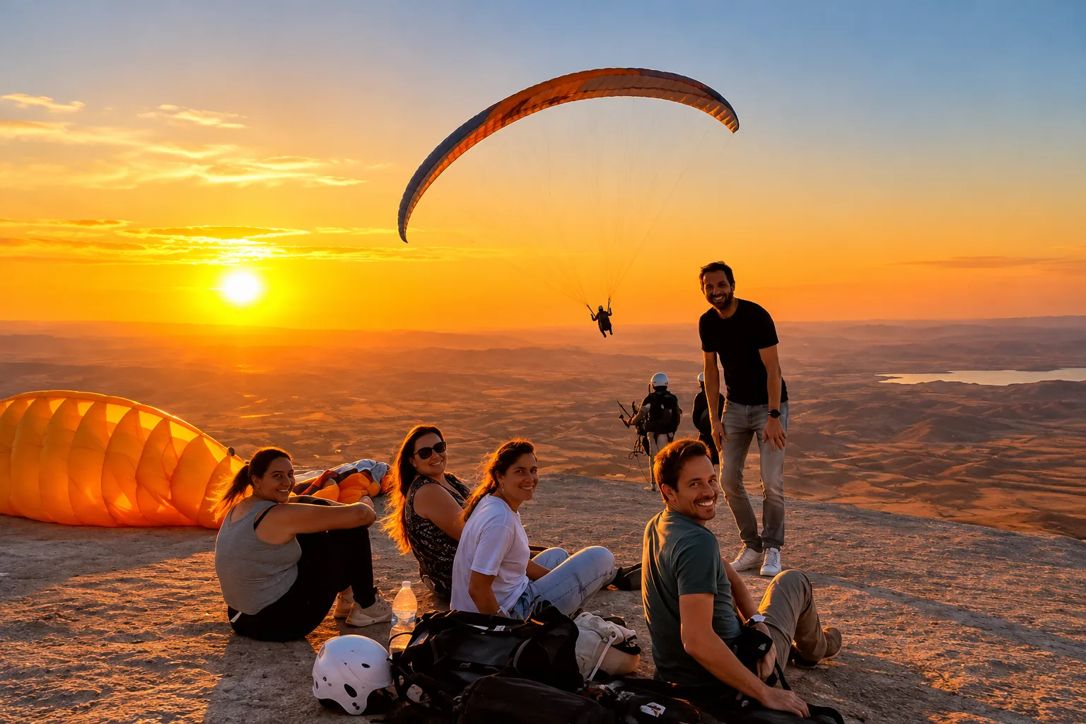 Amici seduti su una collina al tramonto che guardano un parapendio decollare, parapendio vicino a Marrakech