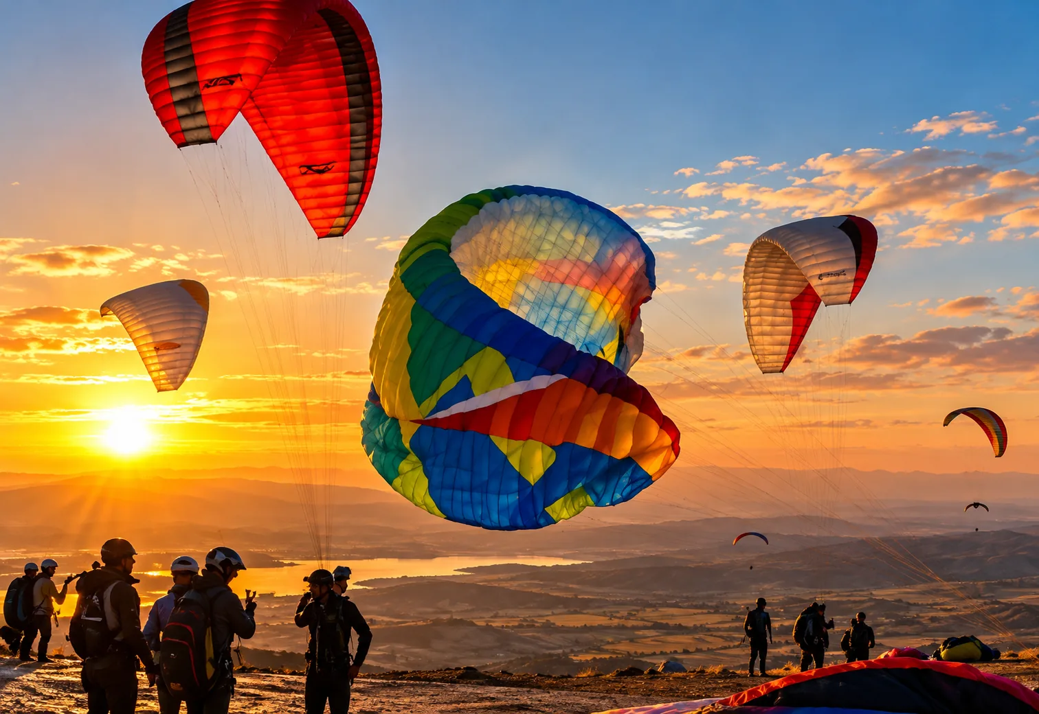 Spettatori su una cresta che guardano parapendii colorati nel cielo della sera, parapendio vicino a Marrakech