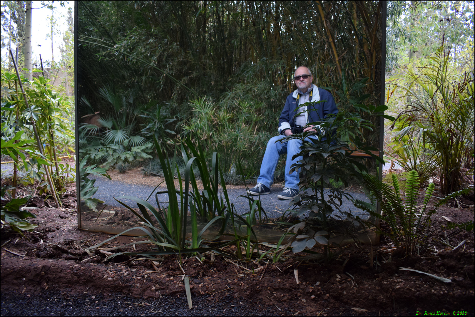 Seated figure framed by a mirror panel among plants, an art installation in a sculpture garden near Marrakech