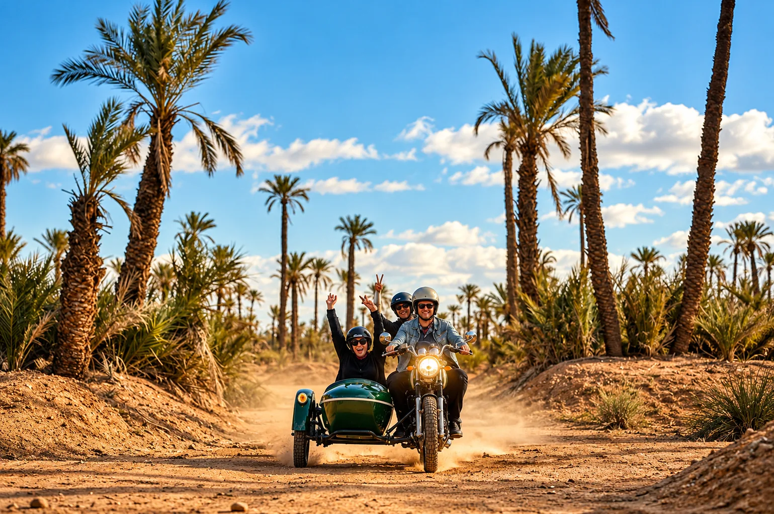 Passengers waving from a green side-car on a dusty track between palms, side-car tour in the Palm Grove