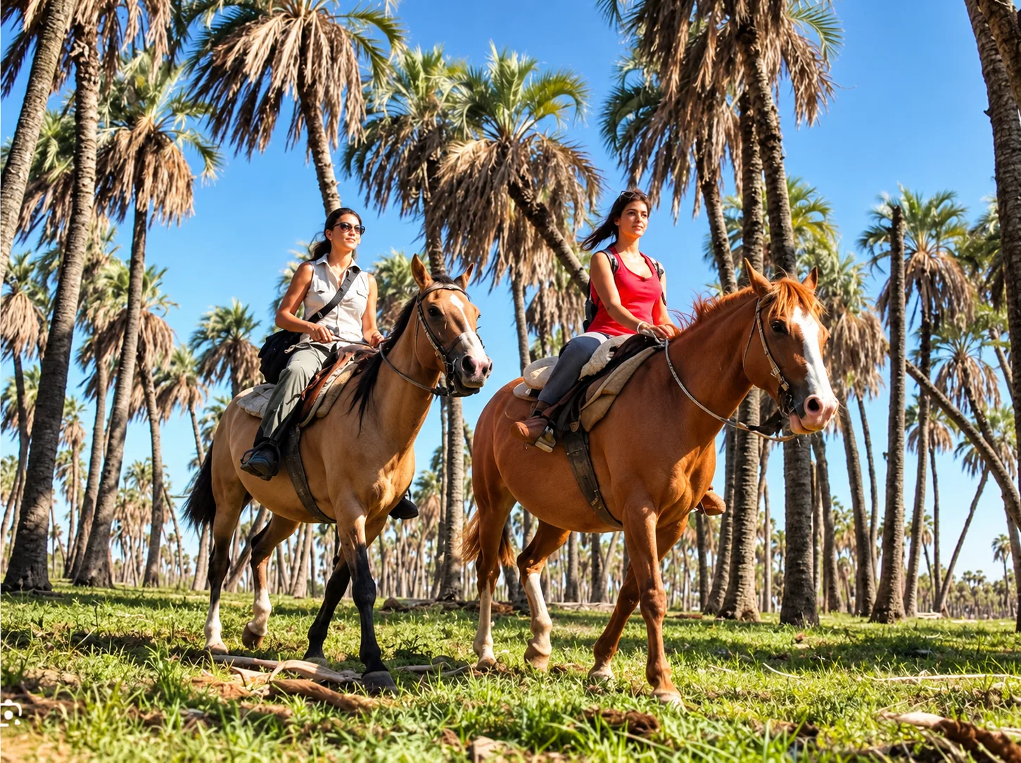 Due donne su cavalli marroni sull'erba verde sotto alte palme, passeggiata a cavallo nella Palmeraie di Marrakech