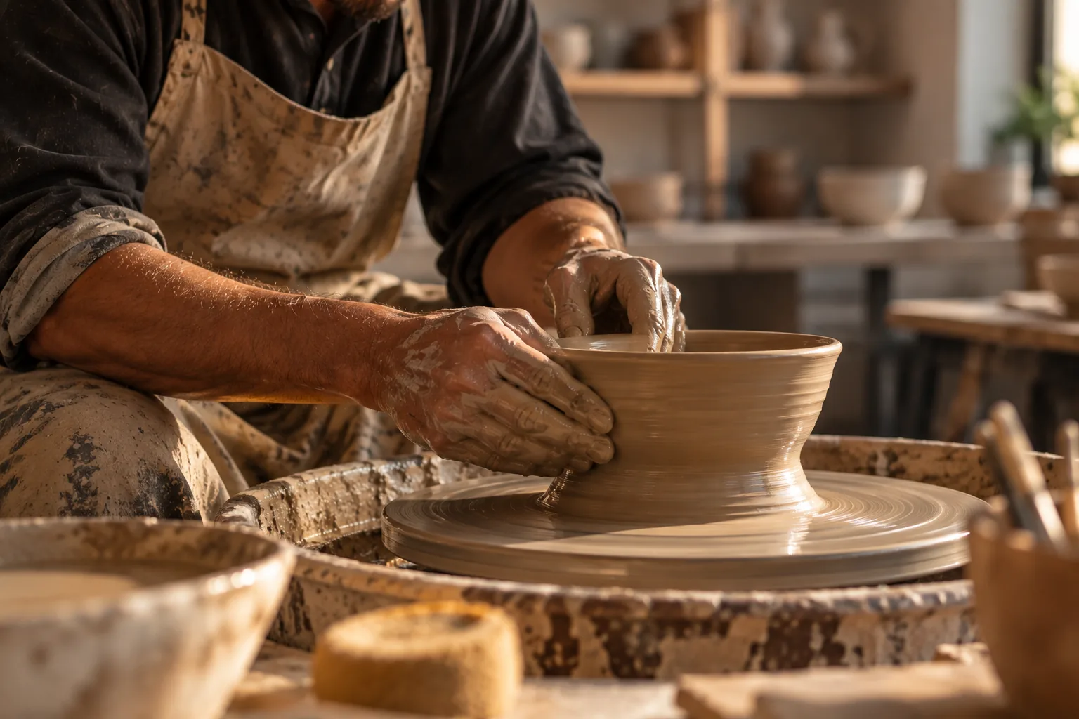 Mani del vasaio che lisciano un'ampia ciotola sul tornio in un laboratorio di ceramica con scaffali a Marrakech