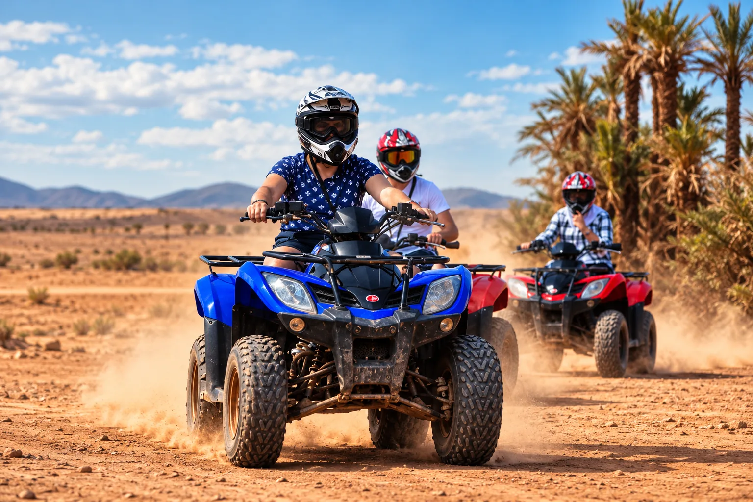 Coppia su un quad blu seguita da uno rosso su un sentiero polveroso, giro in quad nella Palmeraie di Marrakech