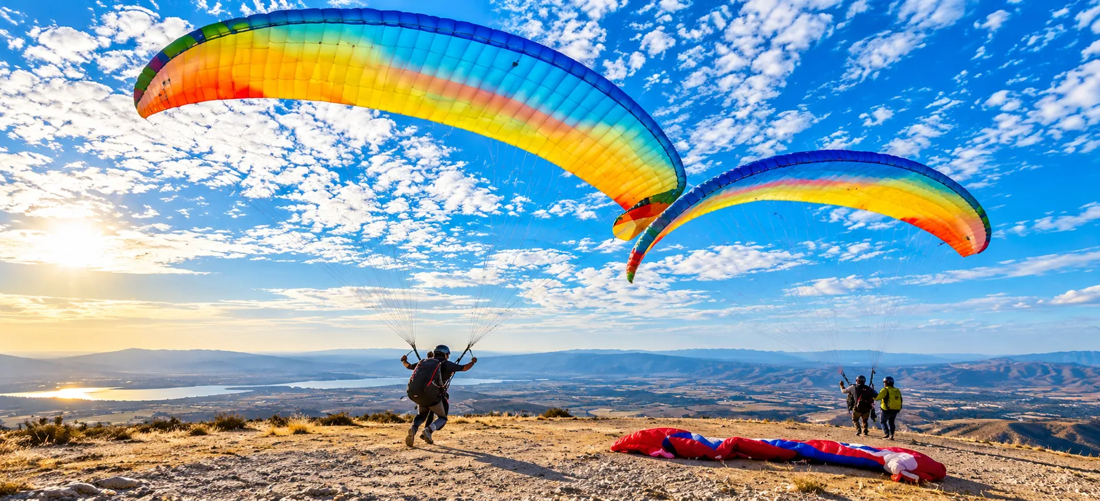 Vele colorate sopra un sito di decollo mentre un pilota corre per decollare, parapendio in tandem vicino a Marrakech