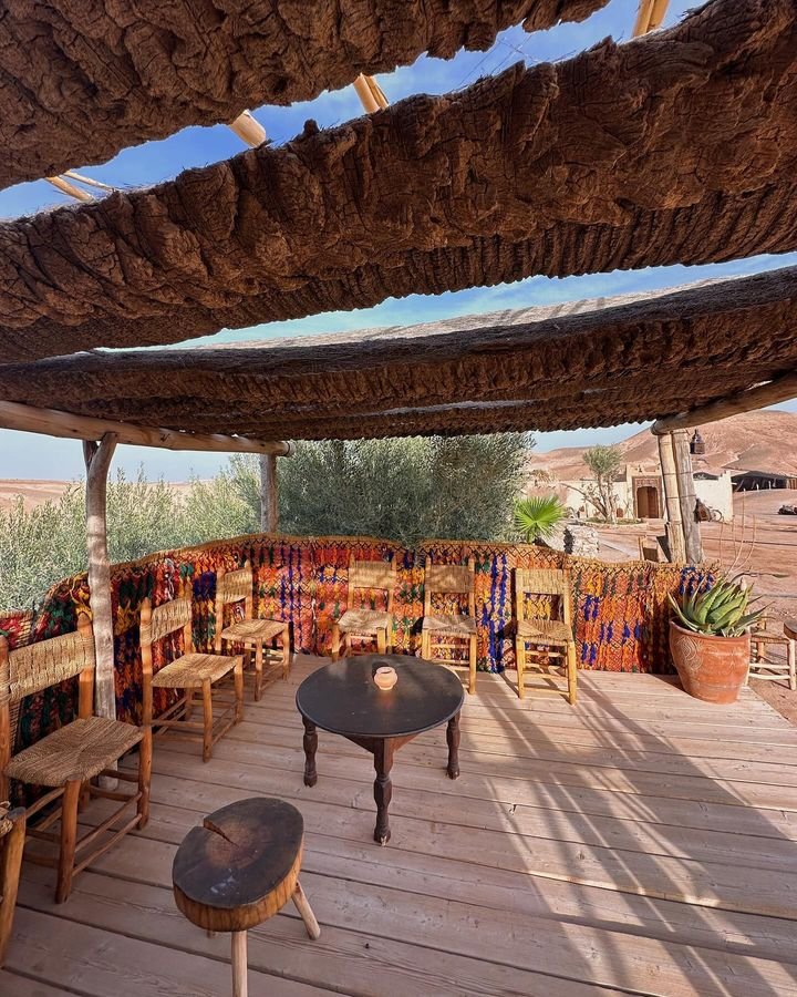Terrace tables and rugs looking over the desert