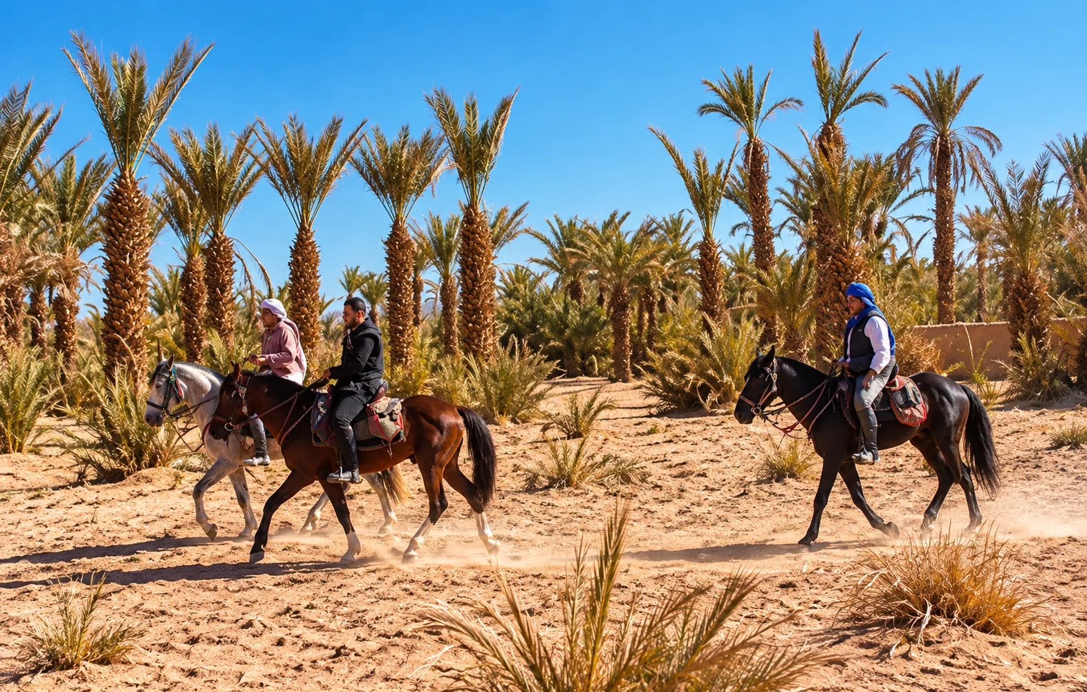 Tre persone che conducono i cavalli al passo su un sentiero tra le palme, passeggiata a cavallo nella Palmeraie