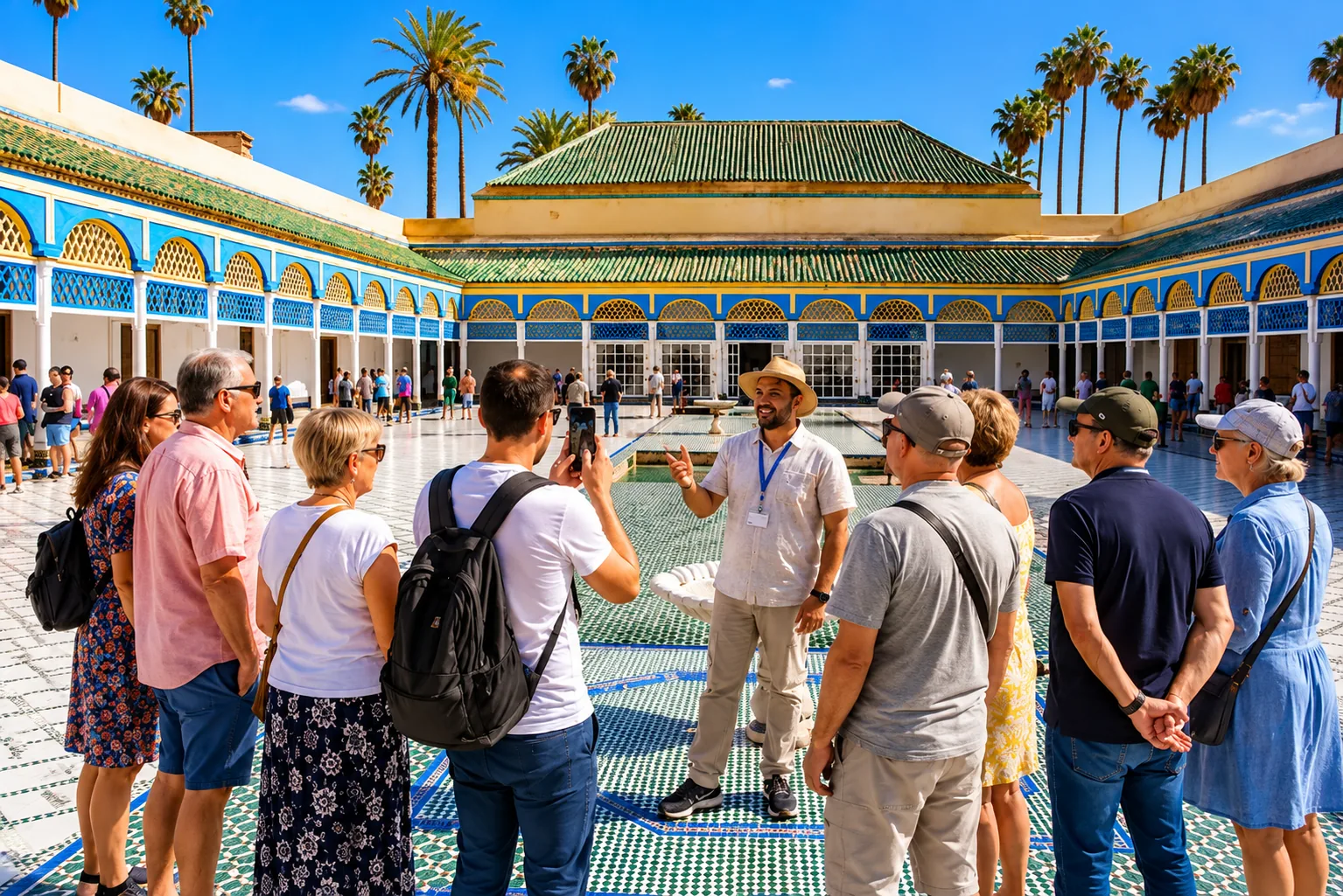 Guide talking to a group of visitors in the tiled courtyard of Bahia Palace, Marrakech guided tour