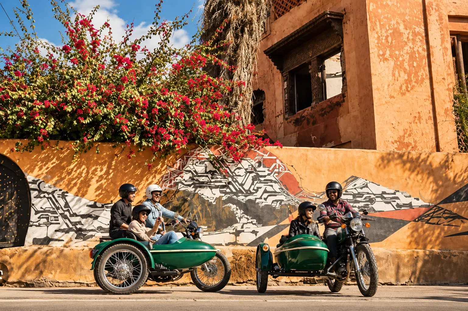 Two green side-cars passing a graffiti wall under pink bougainvillea, side-car tour in Marrakech