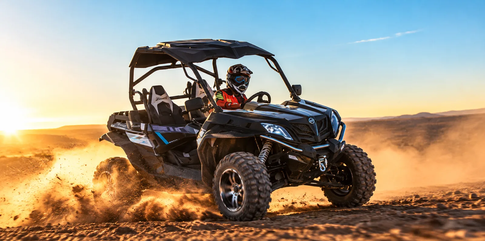 Black buggy kicking up dust on a desert track, buggy ride in the Agafay desert with the sun low on the horizon