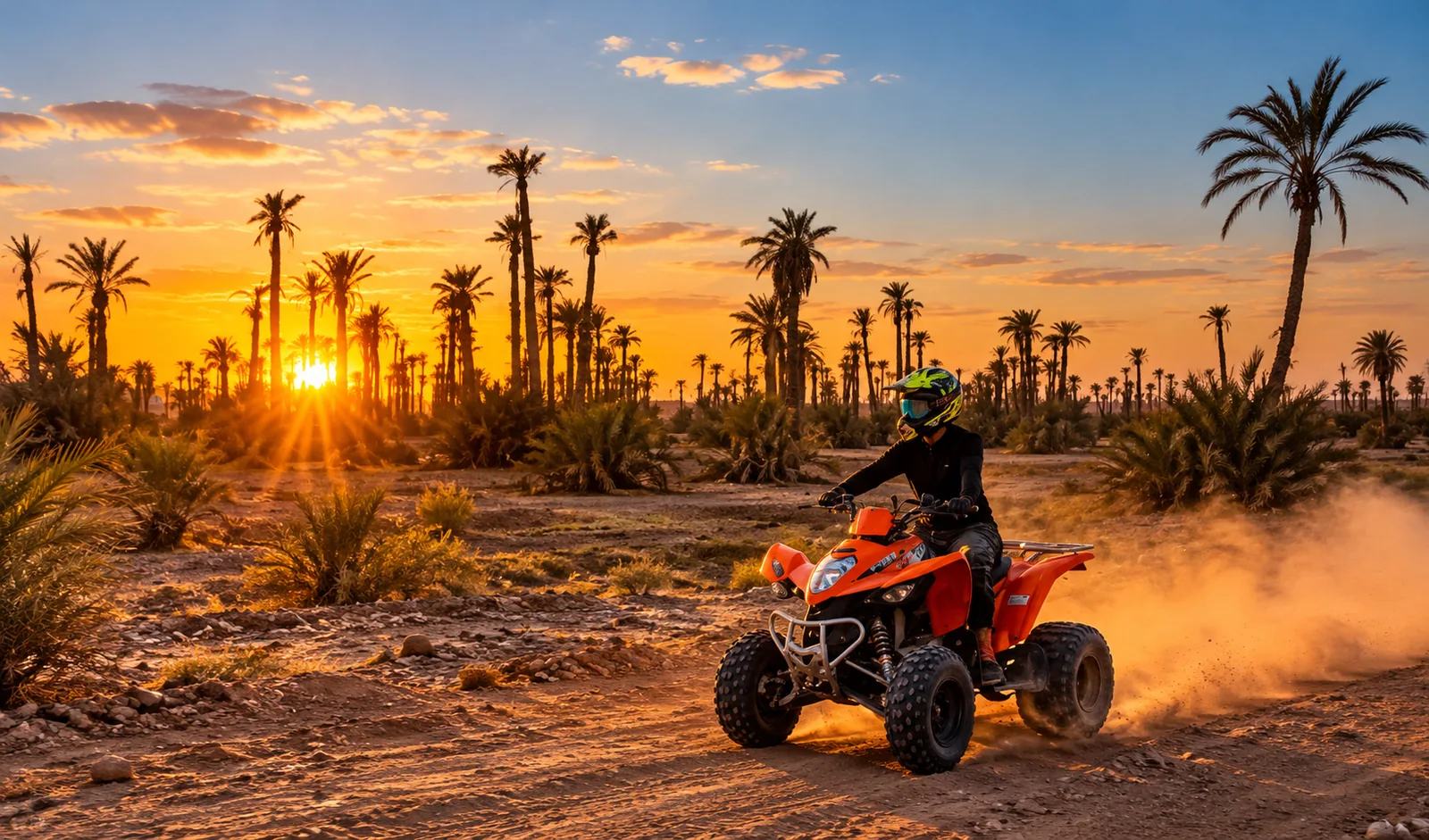 Persona su un quad arancione che sfreccia tra le palme al tramonto, giro in quad nella Palmeraie di Marrakech