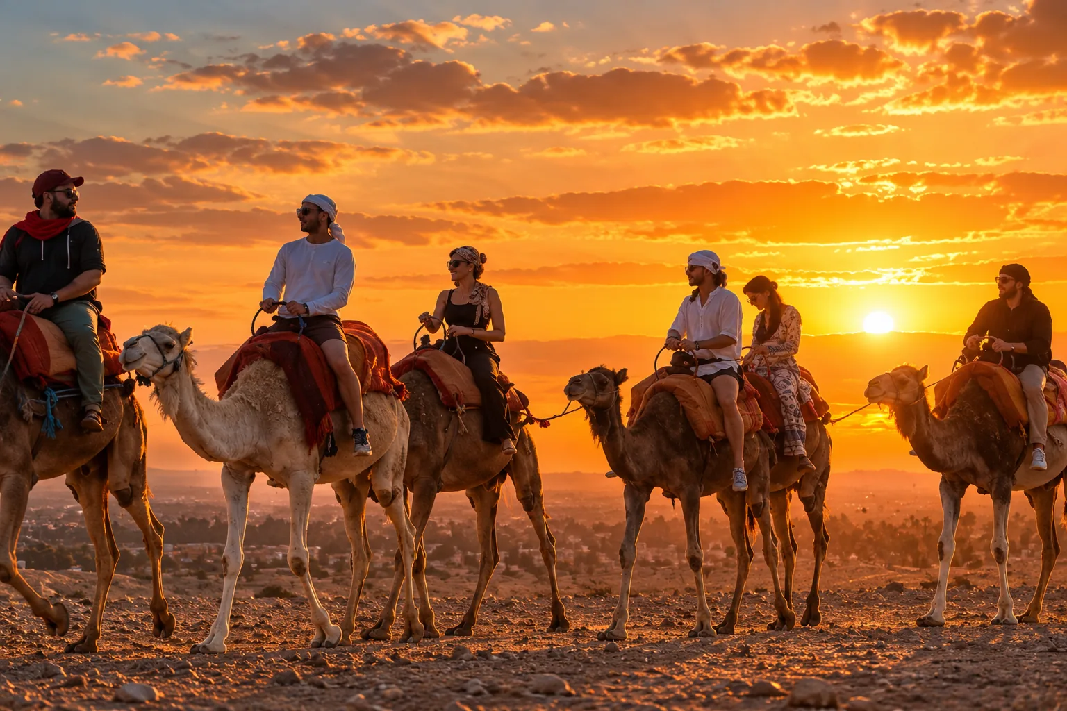 Riders on a line of camels silhouetted against an orange sunset during a camel ride in the Agafay desert