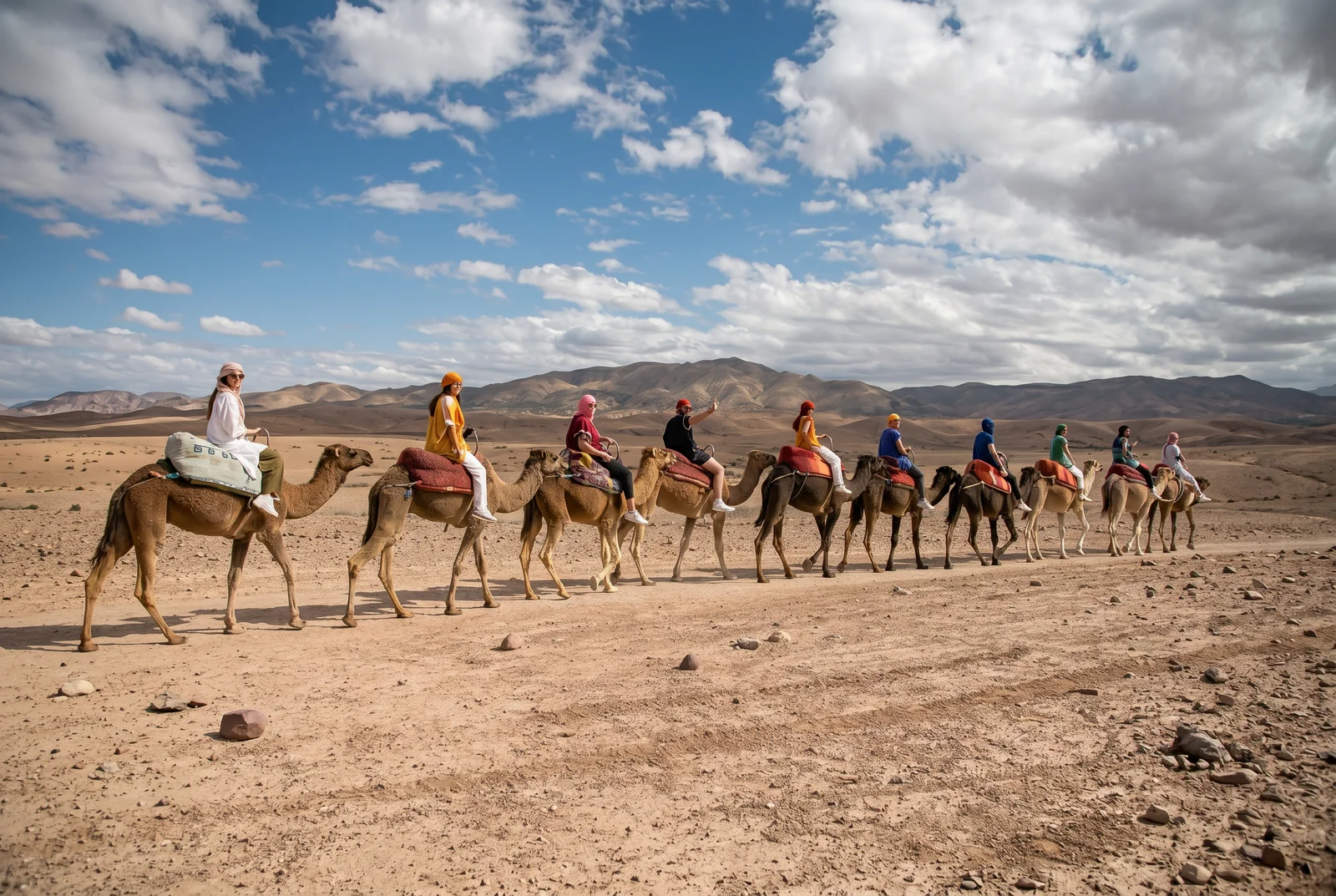 Long camel caravan crossing the stony plain under a cloudy sky, part of the quad and camel ride in Agafay