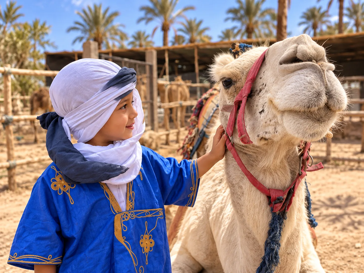 Junge in blauem Gewand und weißem Turban streichelt ein Kamel vor dem Kamelritt in der Palmeraie von Marrakech