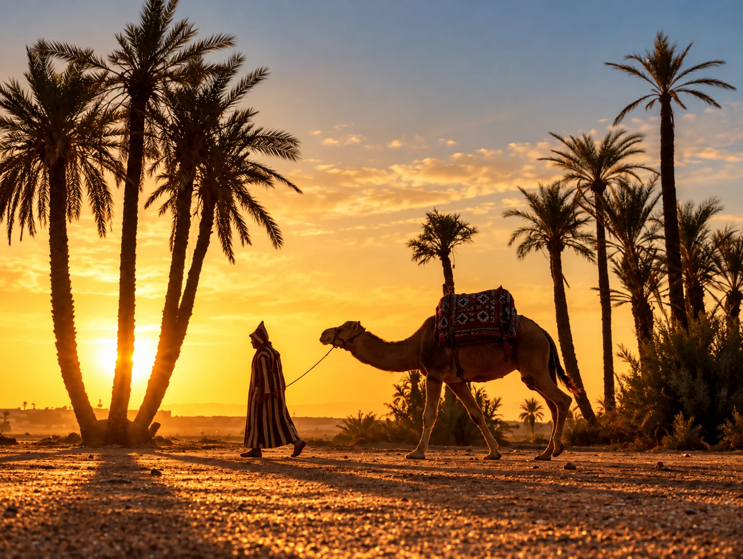 Guide führt ein Kamel durch Palmen, Silhouette vor goldenem Sonnenuntergang, Kamelritt in der Palmeraie von Marrakech