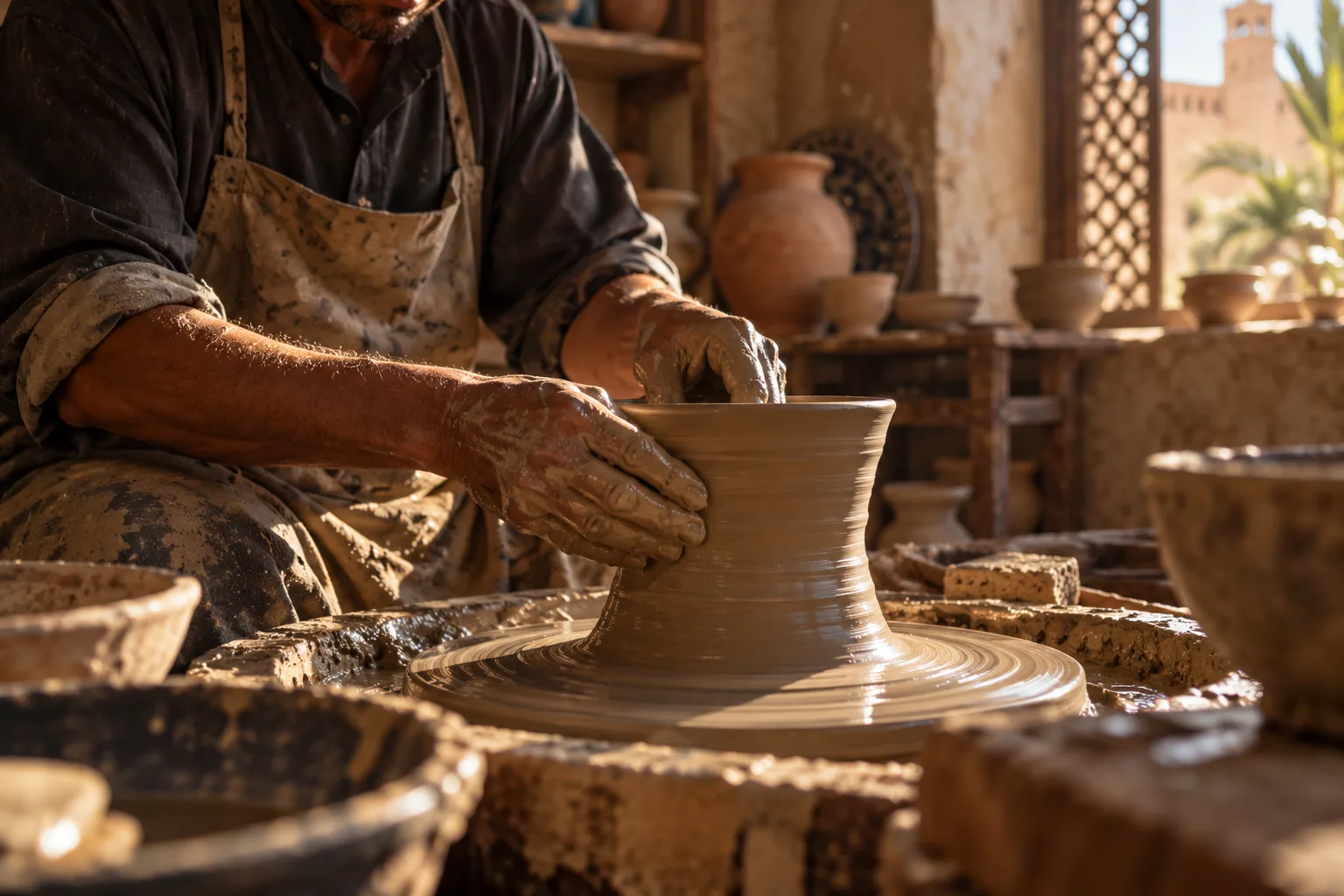 Vasaio con grembiule macchiato che tornisce un alto vaso tra ciotole finite, laboratorio di ceramica a Marrakech