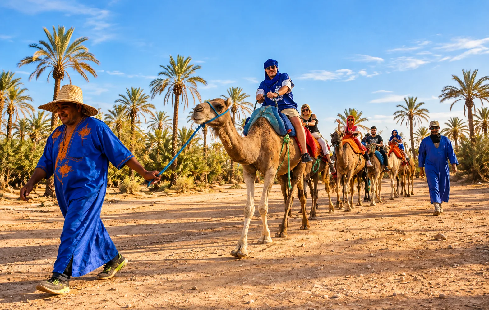 Guide mit Strohhut führt eine lange Kamelkarawane über einen Sandweg, Kamelritt in der Palmeraie von Marrakech