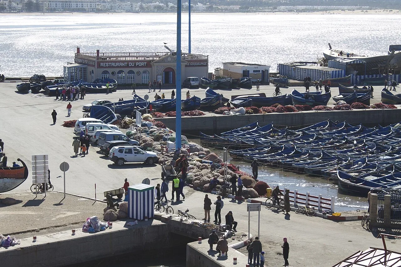 Hafen von oben mit Reihen blauer Boote, parkenden Autos und Menschen am Kai, Tagesausflug nach Essaouira