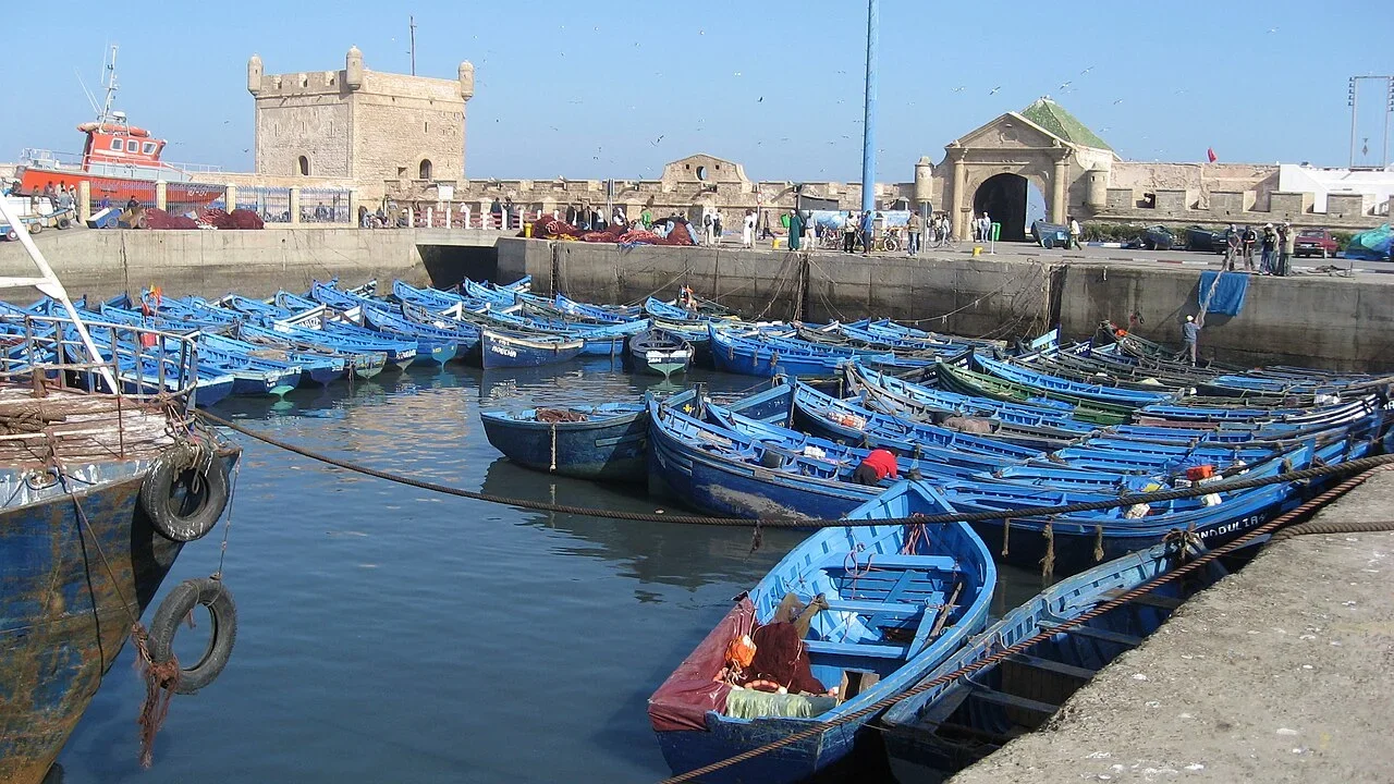 Blaue Fischerboote im Hafenbecken, dahinter das alte Hafentor, Tagesausflug nach Essaouira