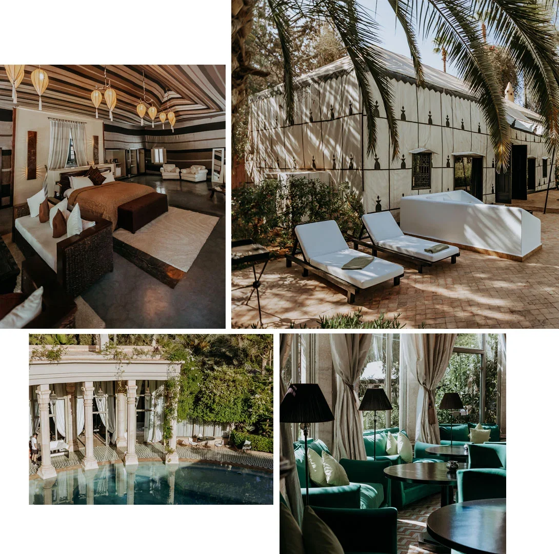 Fotocollage aus Suite, Gartenliegen, Säulenpool und grüner Lounge im Palais Rhoul, Pool-Tagespass