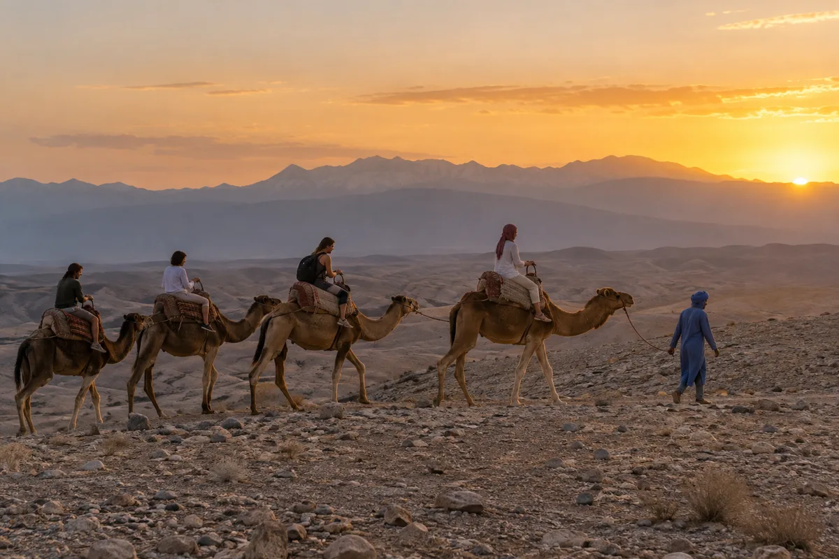 Guide zu Fuß führt Kamele durch das steinige Agafay, dahinter der Atlas