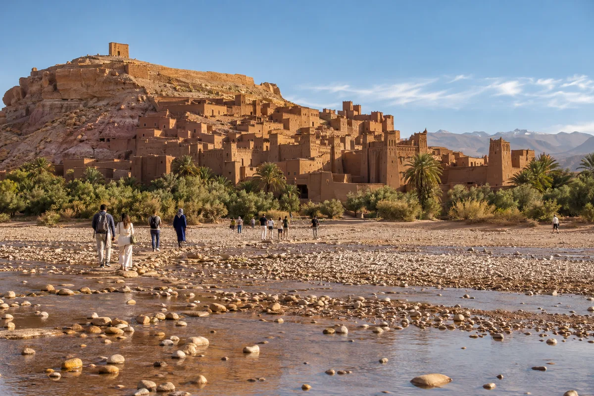 قصر آيت بن حدو الطيني فوق مجرى نهر جاف وزوار على الممر