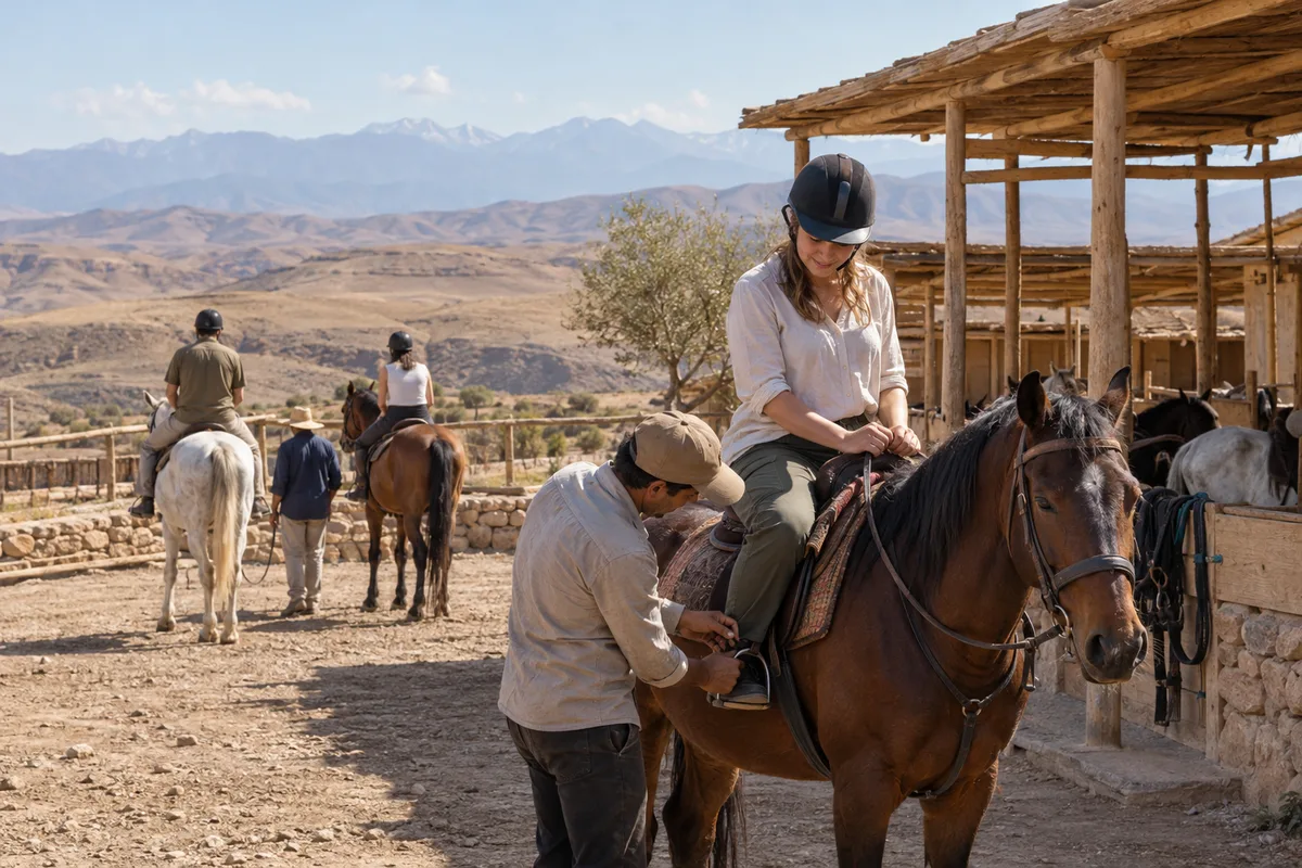 Guide hilft einem Anfänger mit der Reitausrüstung neben einem ruhigen Pferd
