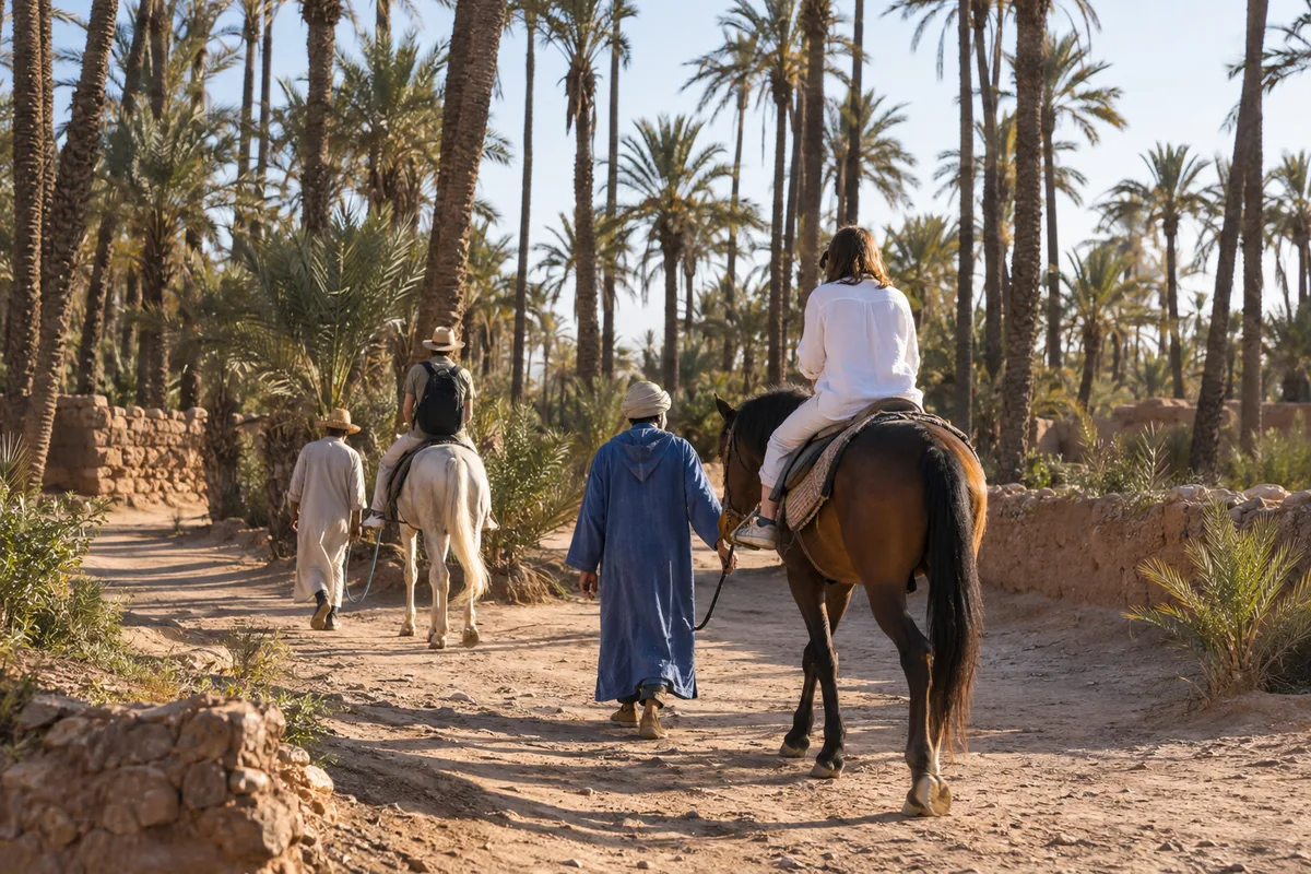 Pferd und Reiter auf einem staubigen Palmenweg mit einem Guide zu Fuß