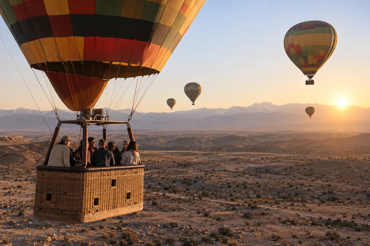 Mongolfiere che si alzano all'alba sulle pianure pietrose vicino a Marrakech