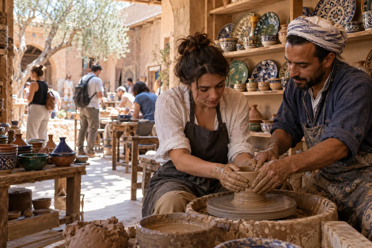 Visitatore che modella l'argilla al tornio con un artigiano marocchino