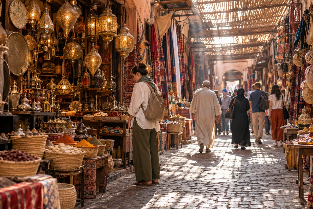 Viaggiatore tra lanterne, cesti e spezie in un souk coperto di Marrakech